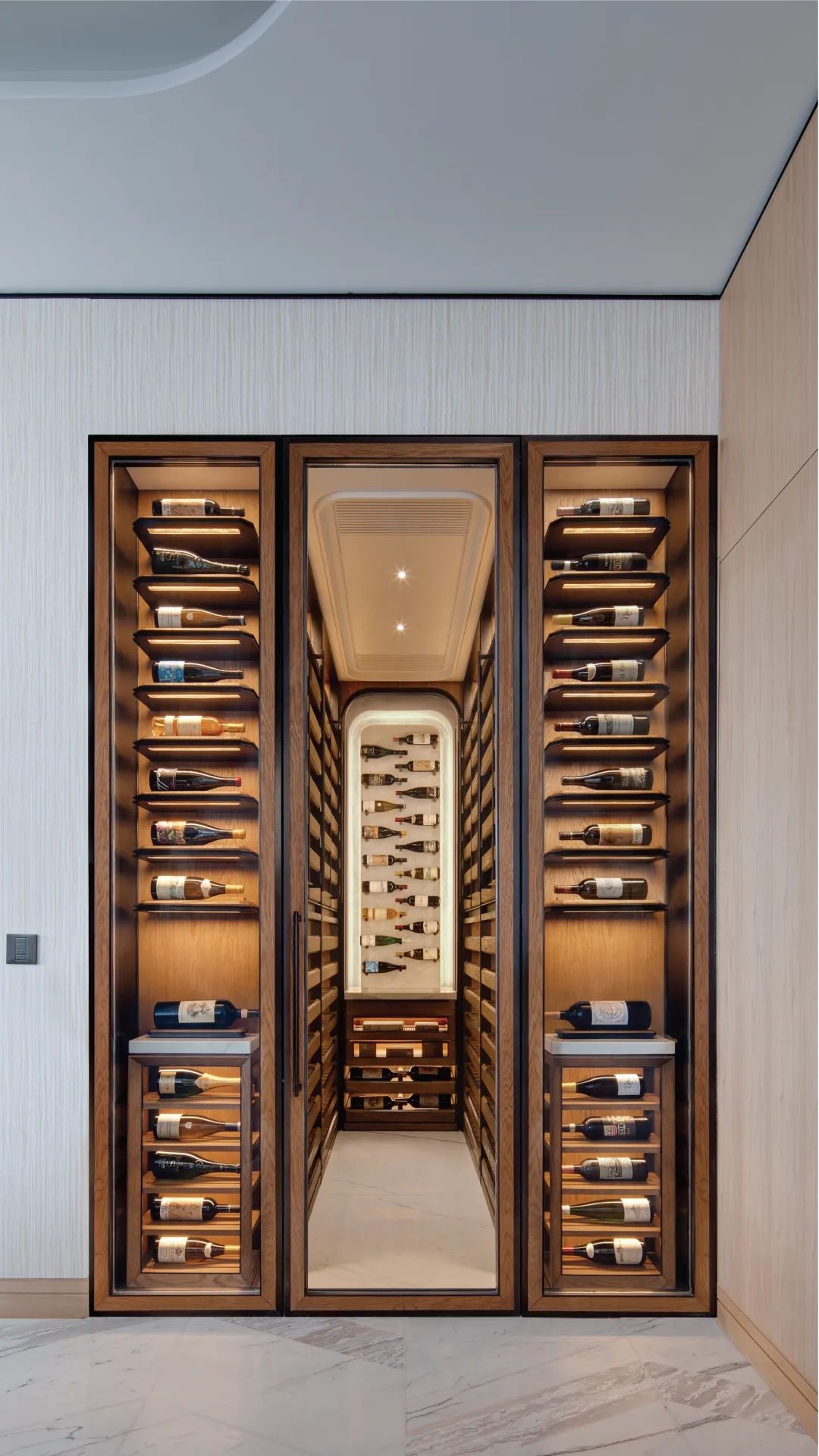 Sensis wine cabinet with lit wooden racks